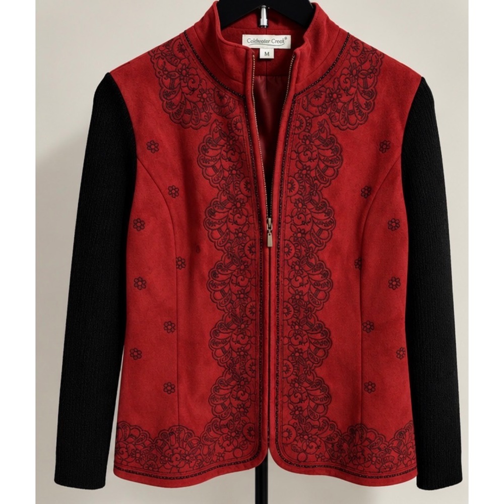 Coldwater Creek Red Faux Suede Embroidered Jacket Black Knit Sleeves Medium